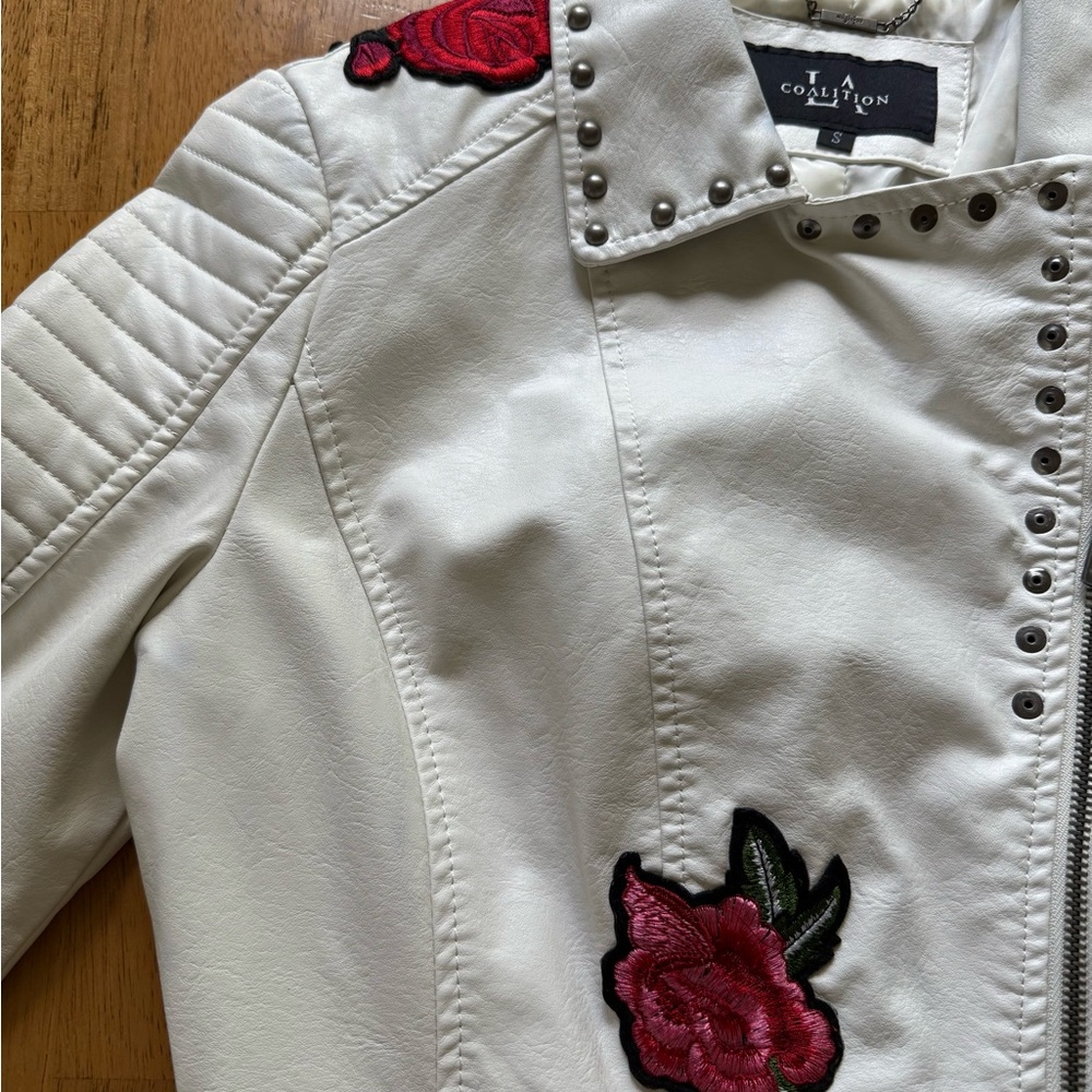 Embroidered studded faux leather moto jacket - Picture 5 of 12